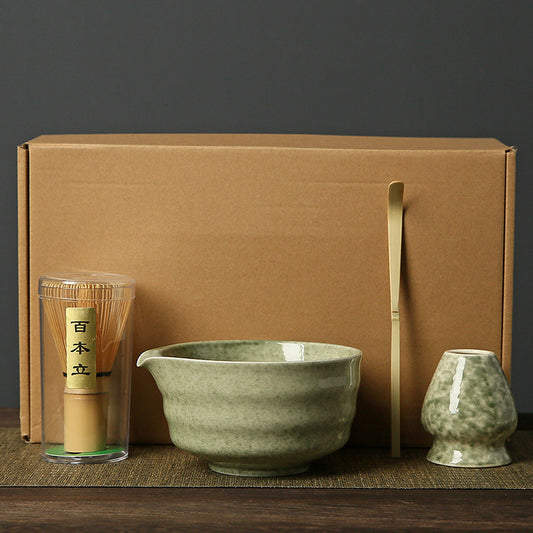 Matcha Tea Ceremony Set – 4-Piece Traditional Bamboo Whisk, Ceramic Bowl, Holder & Scoop