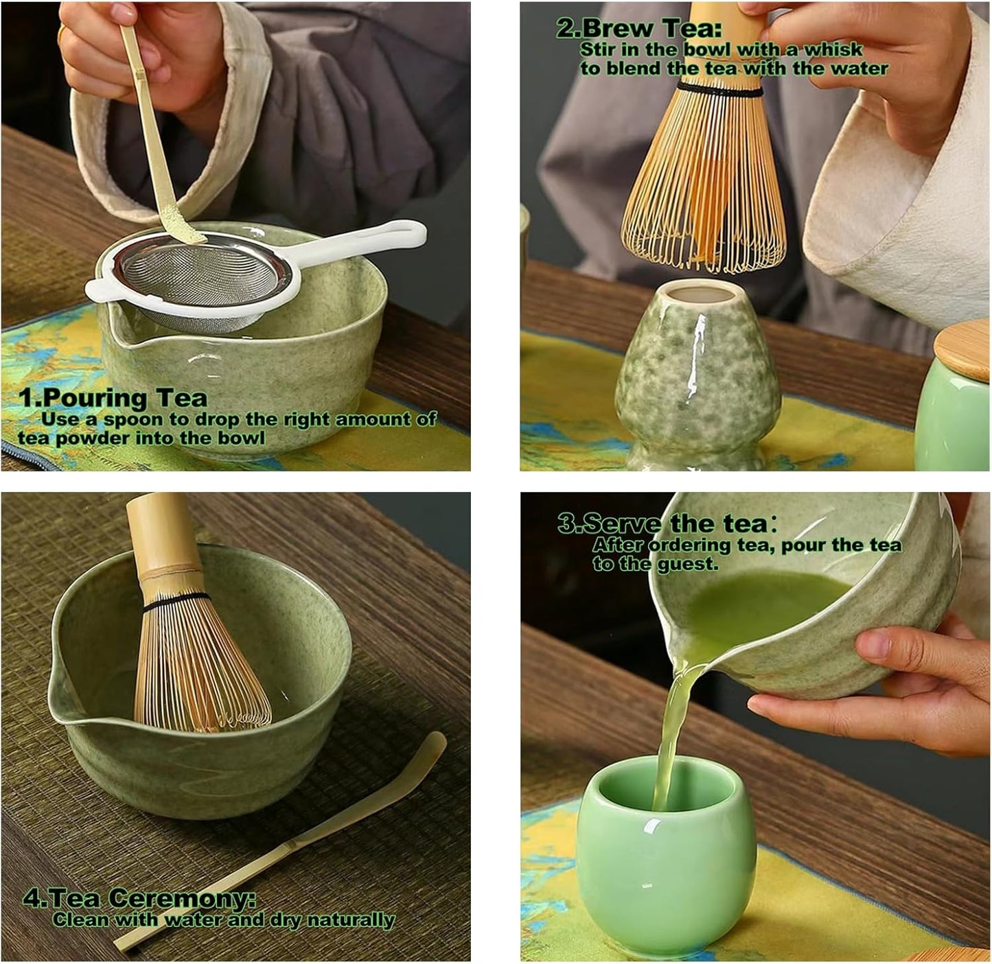 Matcha Tea Ceremony Set – 4-Piece Traditional Bamboo Whisk, Ceramic Bowl, Holder & Scoop