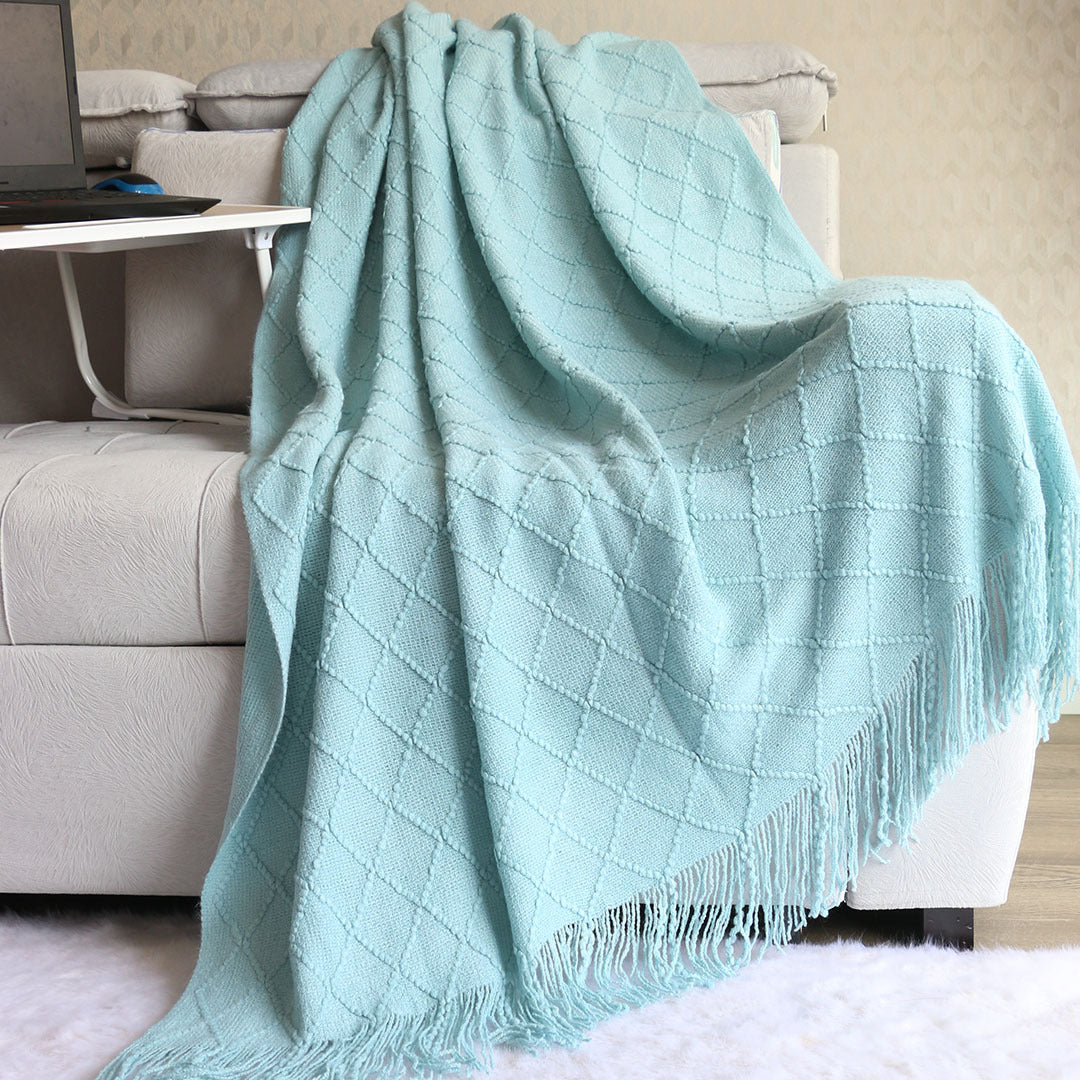 Nordic Knitted Throw Blanket – Soft Acrylic, Diamond Pattern, Lake Blue 130x230cm