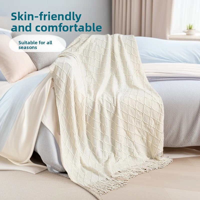 Nordic Knitted Throw Blanket – Soft Acrylic, Diamond Pattern, Lake Blue 130x230cm