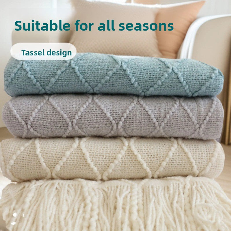 Nordic Knitted Throw Blanket – Soft Acrylic, Diamond Pattern, Lake Blue 130x230cm