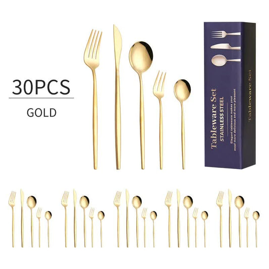 30-Piece Portuguese Style Cutlery Set – Gold Mirror Polished 410 Stainless Steel for 6