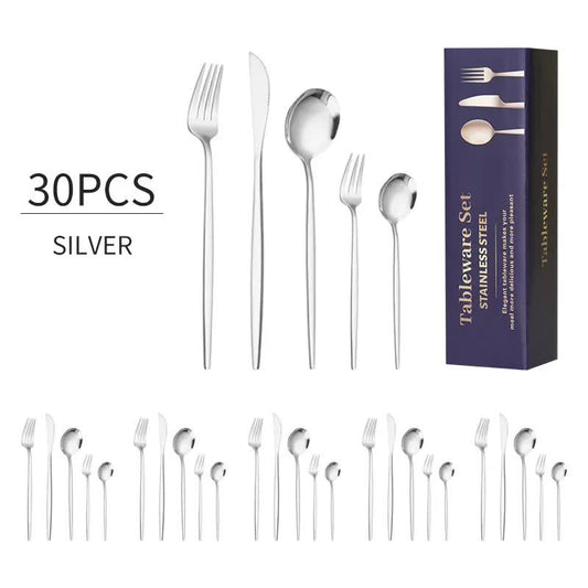 30-Piece Portuguese Style Cutlery Set – Mirror Polished 410 Stainless Steel for 6 with Steak Knives