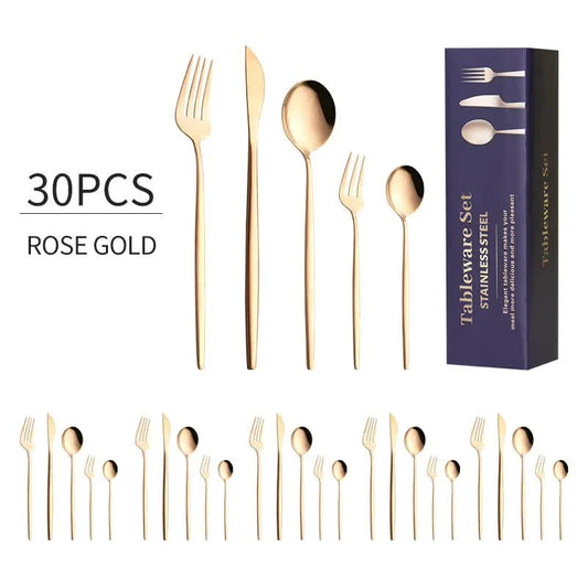 30-Piece Rose Gold Portuguese Cutlery Set – Mirror Polished 410 Stainless Steel for 6 with Steak Knives