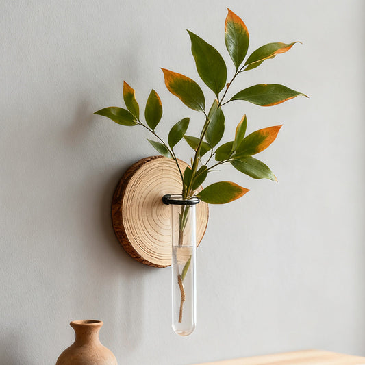 Wall-Mounted Hydroponic Test Tube Vase – Wood and Iron Design for Indoor Plants