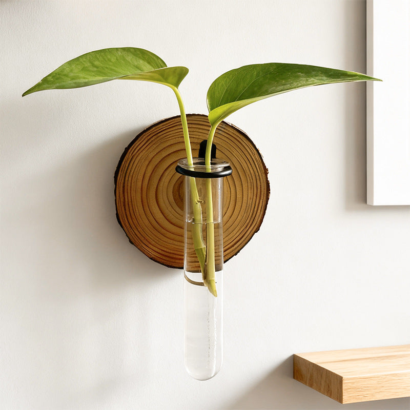 Wall-Mounted Hydroponic Test Tube Vase – Wood and Iron Design for Indoor Plants