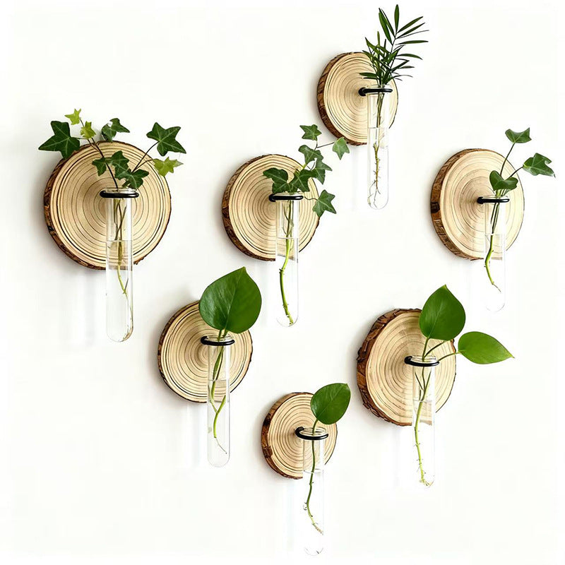 Wall-Mounted Hydroponic Test Tube Vase – Wood and Iron Design, 6-Pack