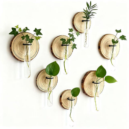 Wall-Mounted Hydroponic Test Tube Vase – Wood and Iron Design, 6-Pack