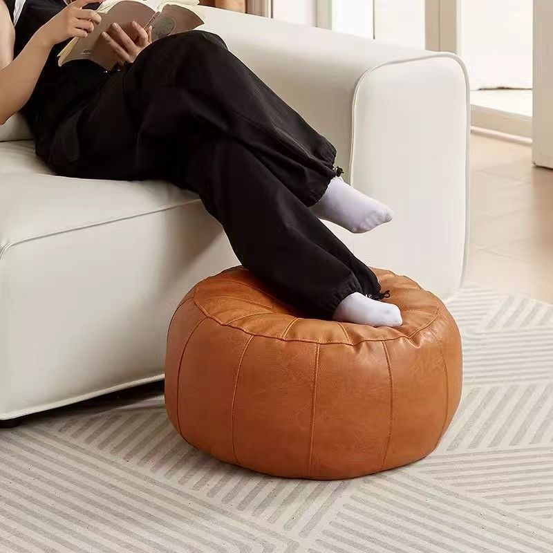 Faux Leather Pumpkin Pouf Cover – Unfilled Ottoman, 50x30cm, Orange