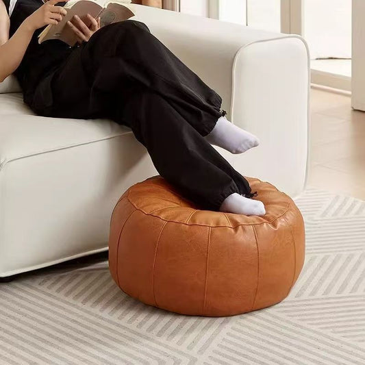 Faux Leather Pumpkin Pouf Cover – Unfilled Ottoman, 50x30cm, Orange