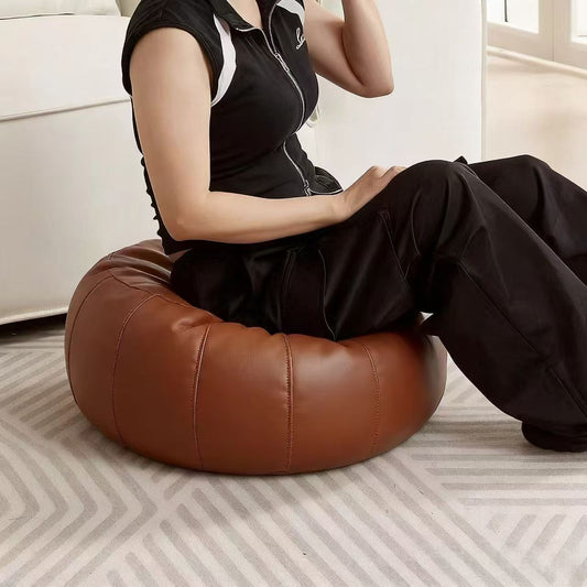 Faux Leather Pumpkin Pouf Cover – Brown, 50x30cm, Unfilled Ottoman and Storage