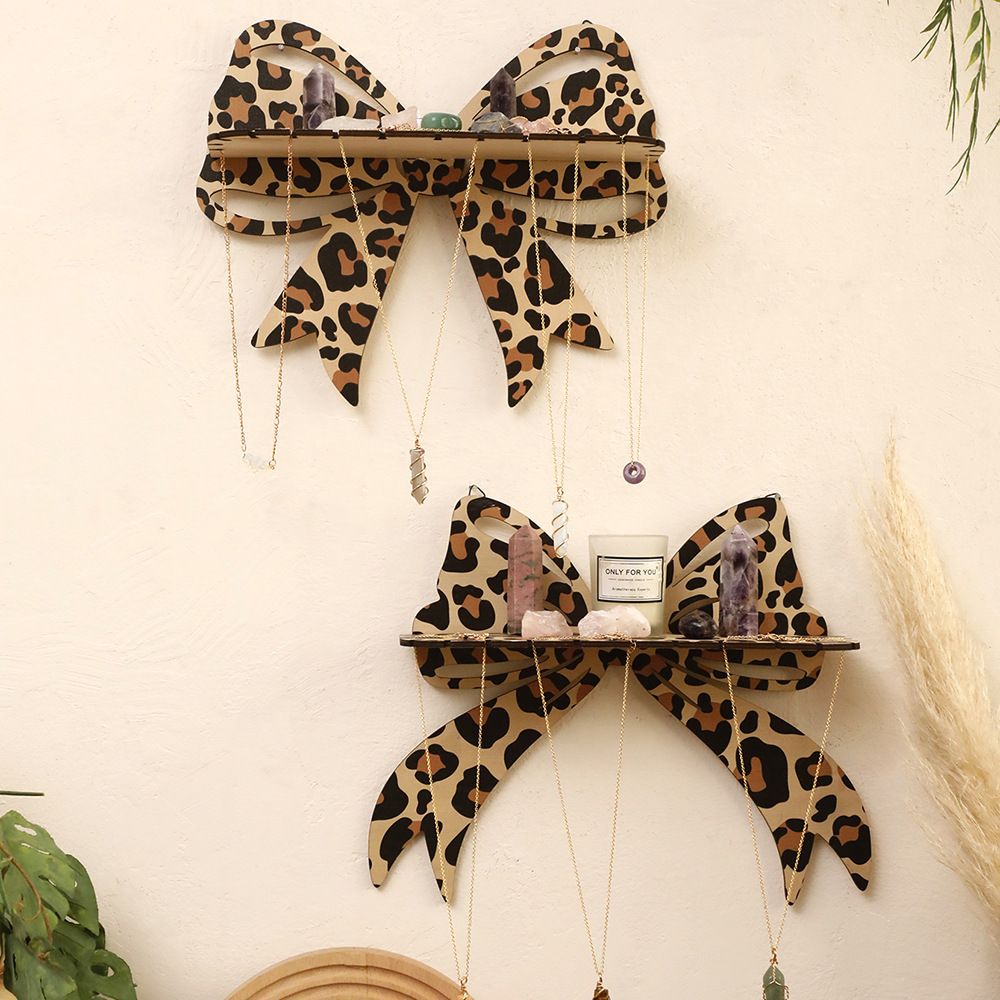2 Pcs Brown (Style A + Style B) Leopard Print Bow Wall Shelf - Decorative Wooden Floating Storage Rack for Bedroom & Living Room