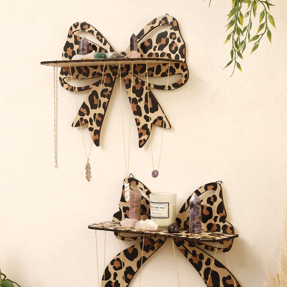 2 Pcs Brown (Style A + Style B) Leopard Print Bow Wall Shelf - Decorative Wooden Floating Storage Rack for Bedroom & Living Room