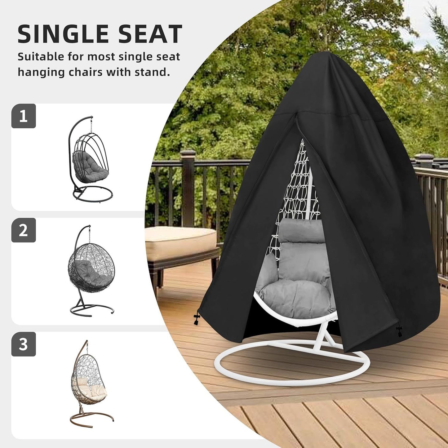 Heavy Duty Hanging Egg Chair Cover – Waterproof, Windproof with Drawstring, Black, Single Seat