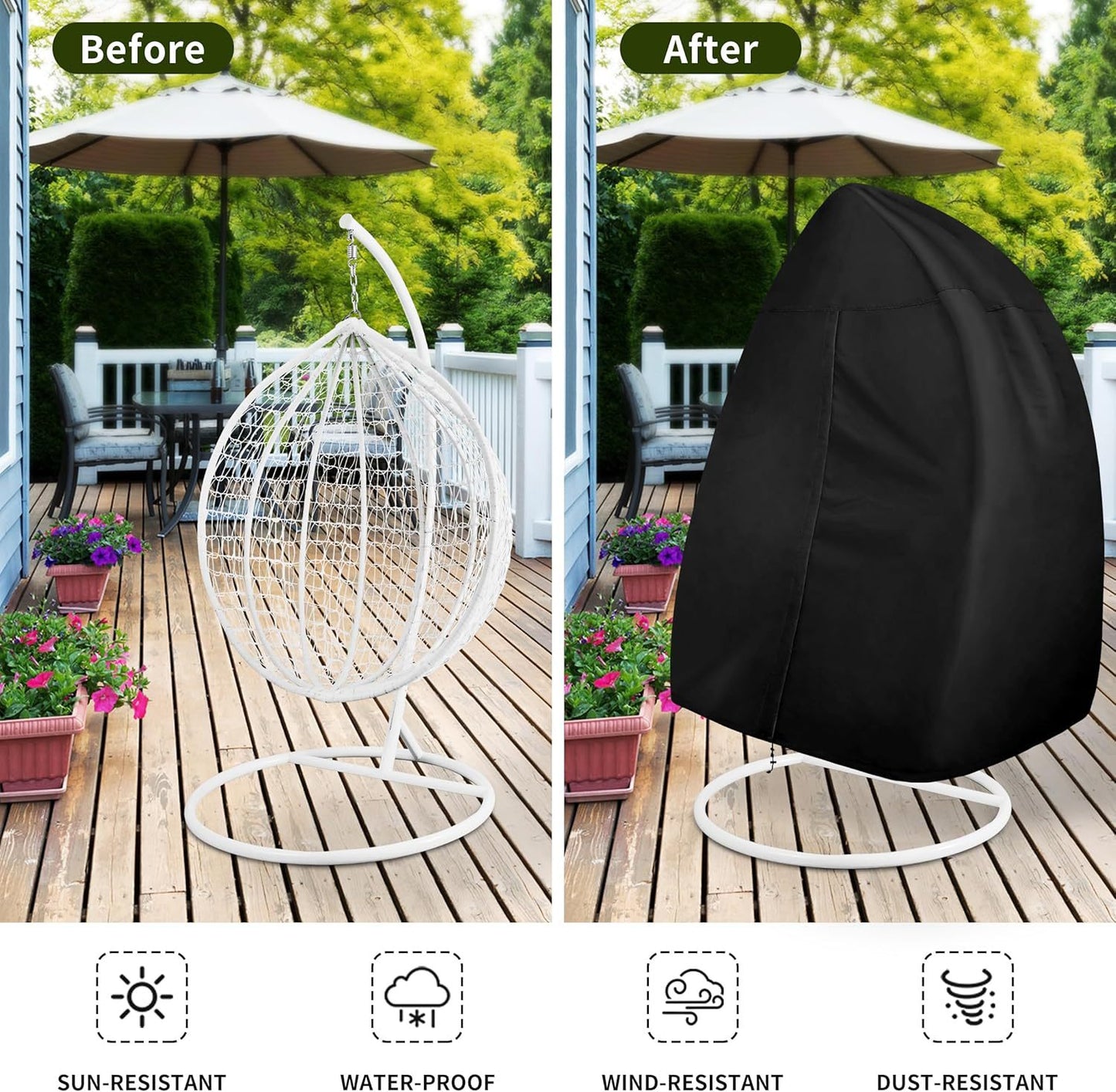 Heavy Duty Hanging Egg Chair Cover – Waterproof, Windproof with Drawstring, Black, Single Seat