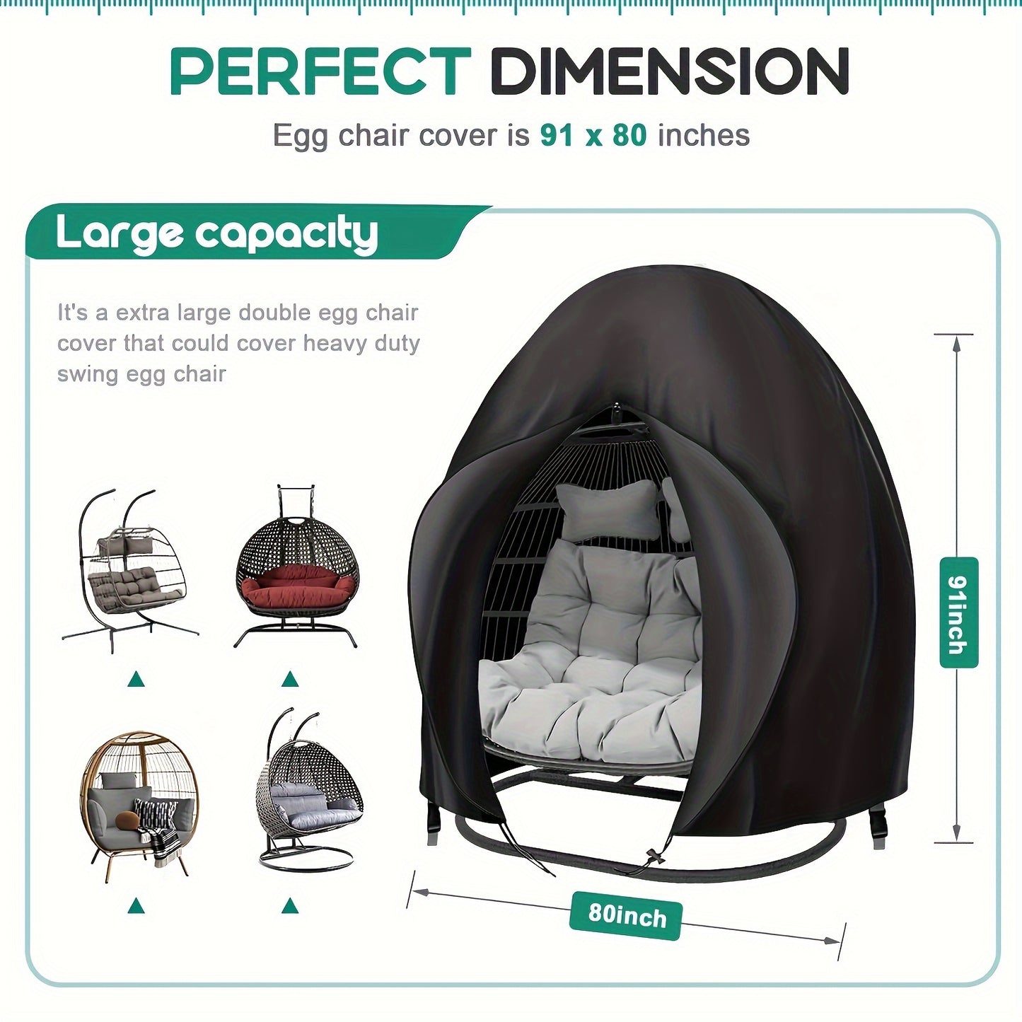 Hanging Egg Chair Cover – Waterproof, Windproof with Drawstring, Black, Double Seat