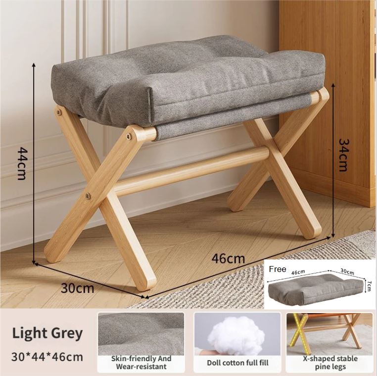 Foldable Ottoman with Padded Cotton Linen Cushion – Light Grey, Velcro Stability