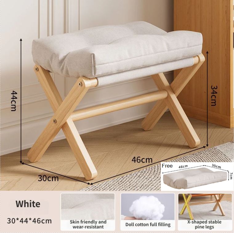 Foldable Ottoman with Padded Cotton Linen Cushion – White, Portable Footstool with Velcro Stability