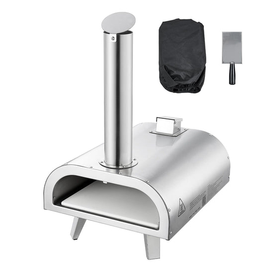 Pizza Oven Outdoor, 12" Pellet Pizza Oven, Portable Pizza-Stove with Built-in Thermometer, Wood Fired Stainless Steel Pizza-Maker, for Backyard, Camping, Pizza-Stone, Shovel, Carry Bag, Silver