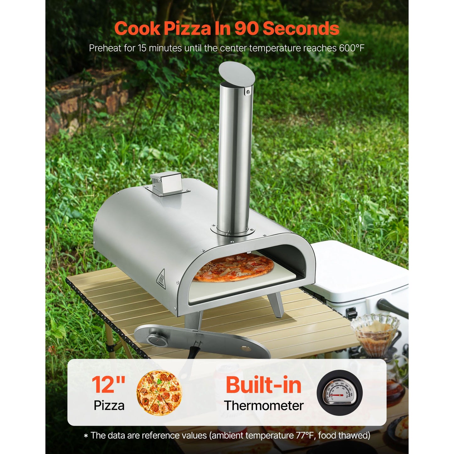 Pizza Oven Outdoor, 12" Pellet Pizza Oven, Portable Pizza-Stove with Built-in Thermometer, Wood Fired Stainless Steel Pizza-Maker, for Backyard, Camping, Pizza-Stone, Shovel, Carry Bag, Silver