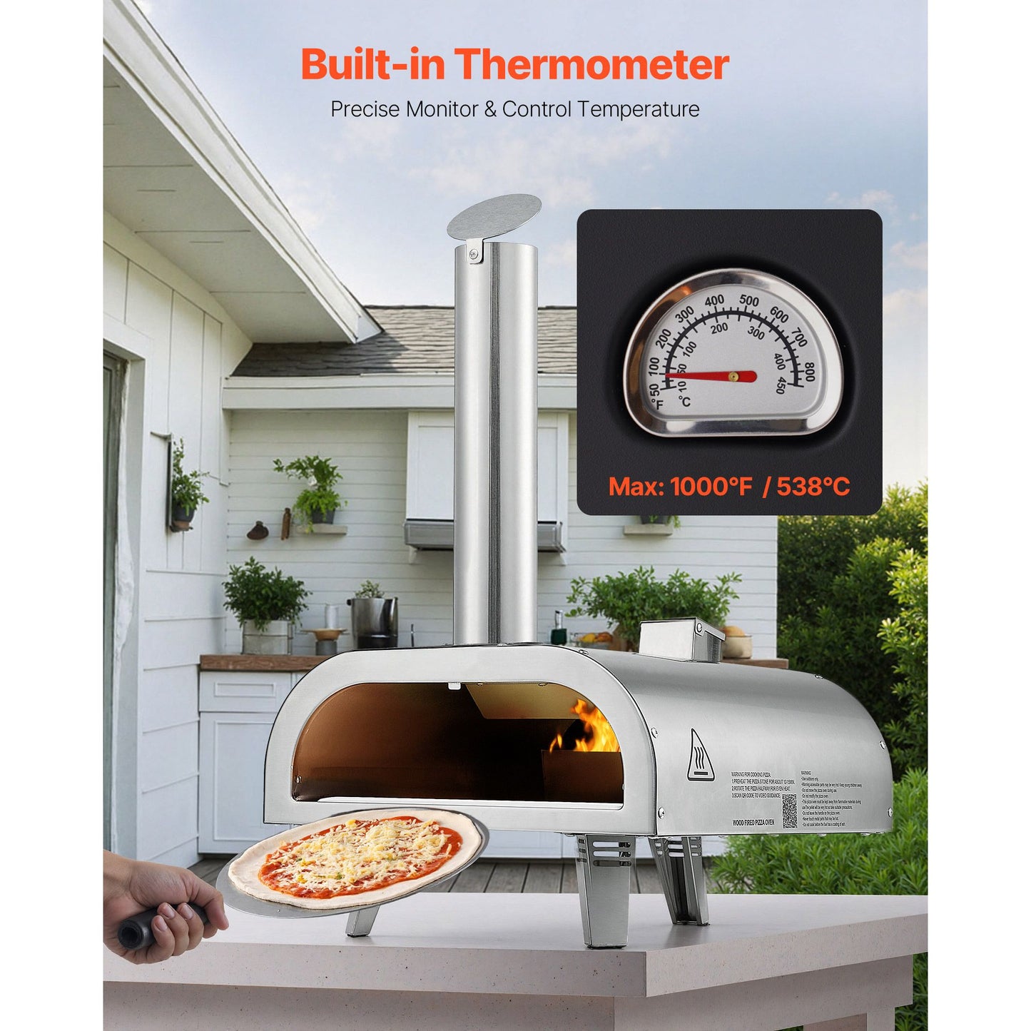 Pizza Oven Outdoor, 12" Pellet Pizza Oven, Portable Pizza-Stove with Built-in Thermometer, Wood Fired Stainless Steel Pizza-Maker, for Backyard, Camping, Pizza-Stone, Shovel, Carry Bag, Silver