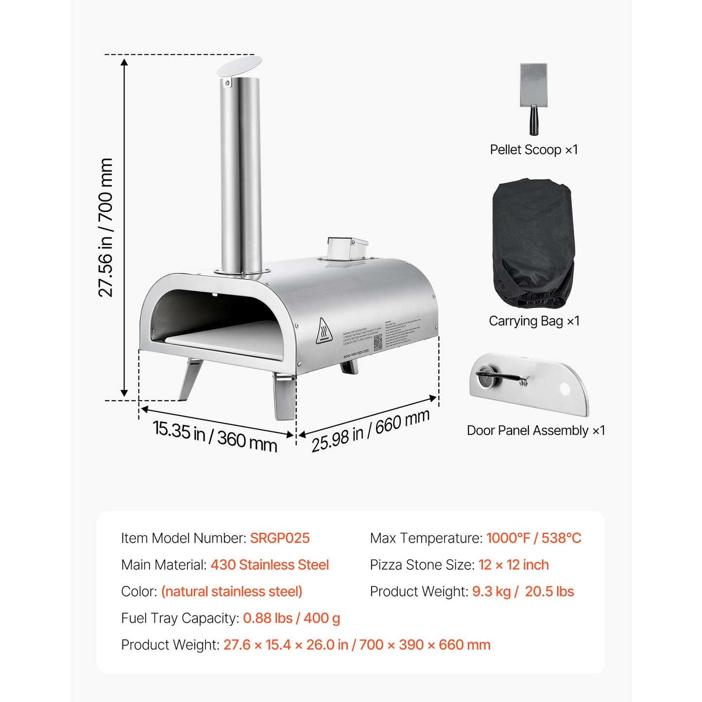 Pizza Oven Outdoor, 12" Pellet Pizza Oven, Portable Pizza-Stove with Built-in Thermometer, Wood Fired Stainless Steel Pizza-Maker, for Backyard, Camping, Pizza-Stone, Shovel, Carry Bag, Silver