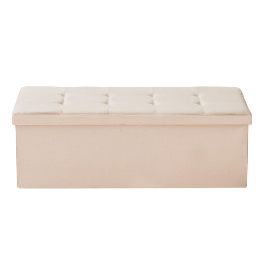 Foldable Storage Ottoman Bench – Large Capacity, Linen Beige with Side Pockets