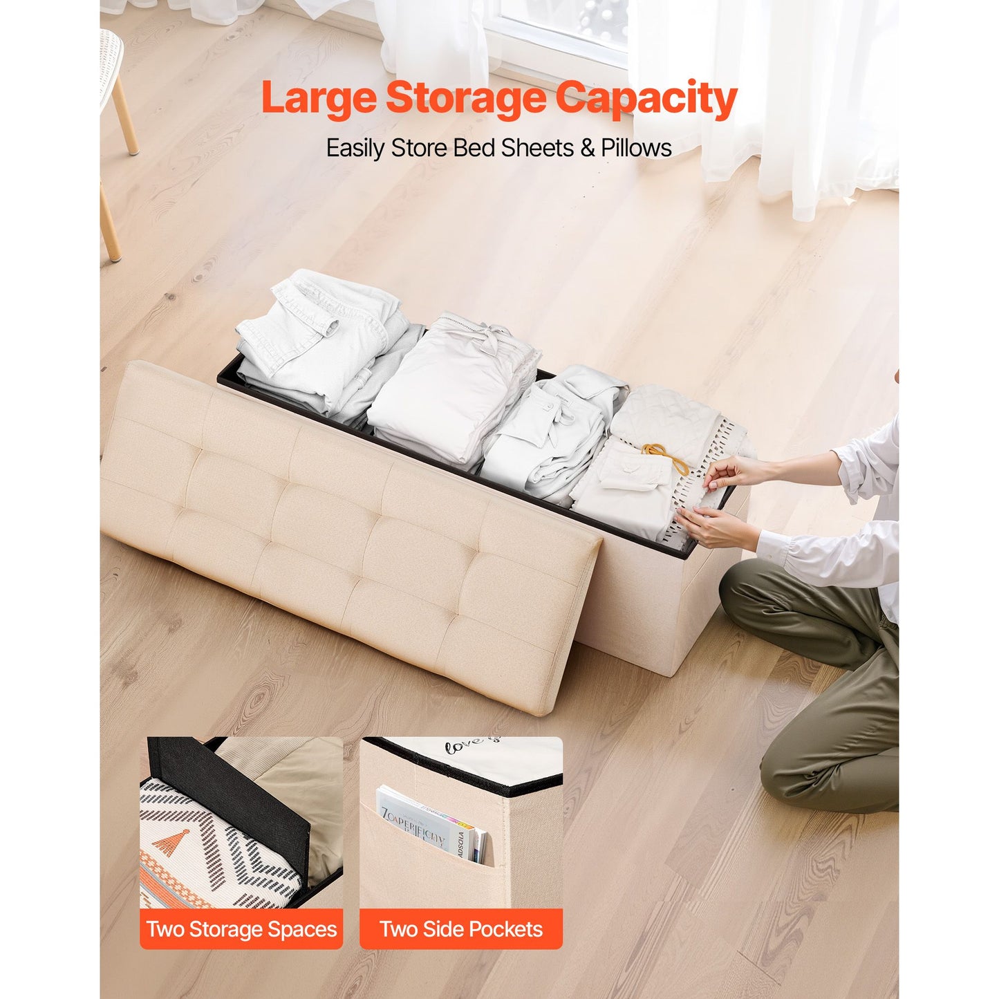 Foldable Storage Ottoman Bench – Large Capacity, Linen Beige with Side Pockets