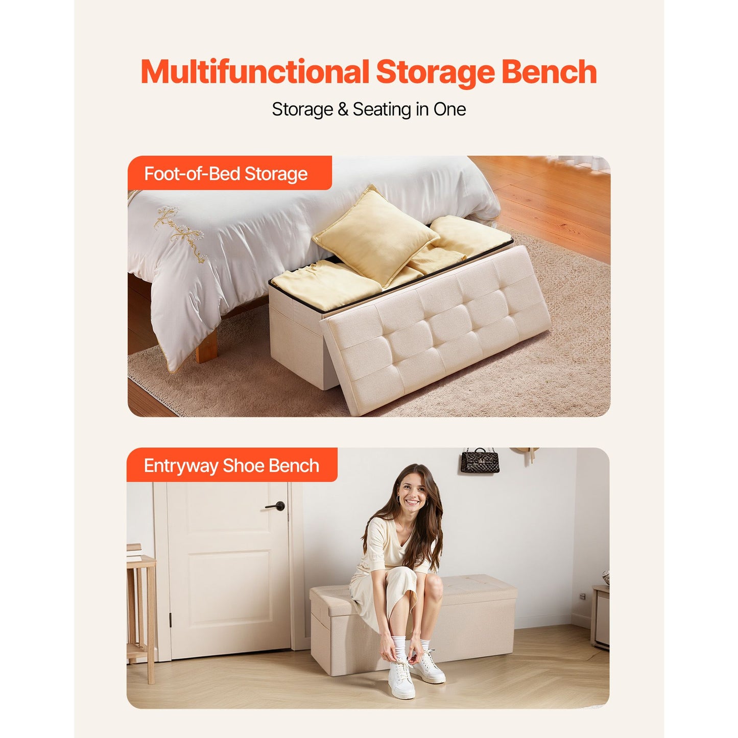 Foldable Storage Ottoman Bench – Large Capacity, Linen Beige with Side Pockets