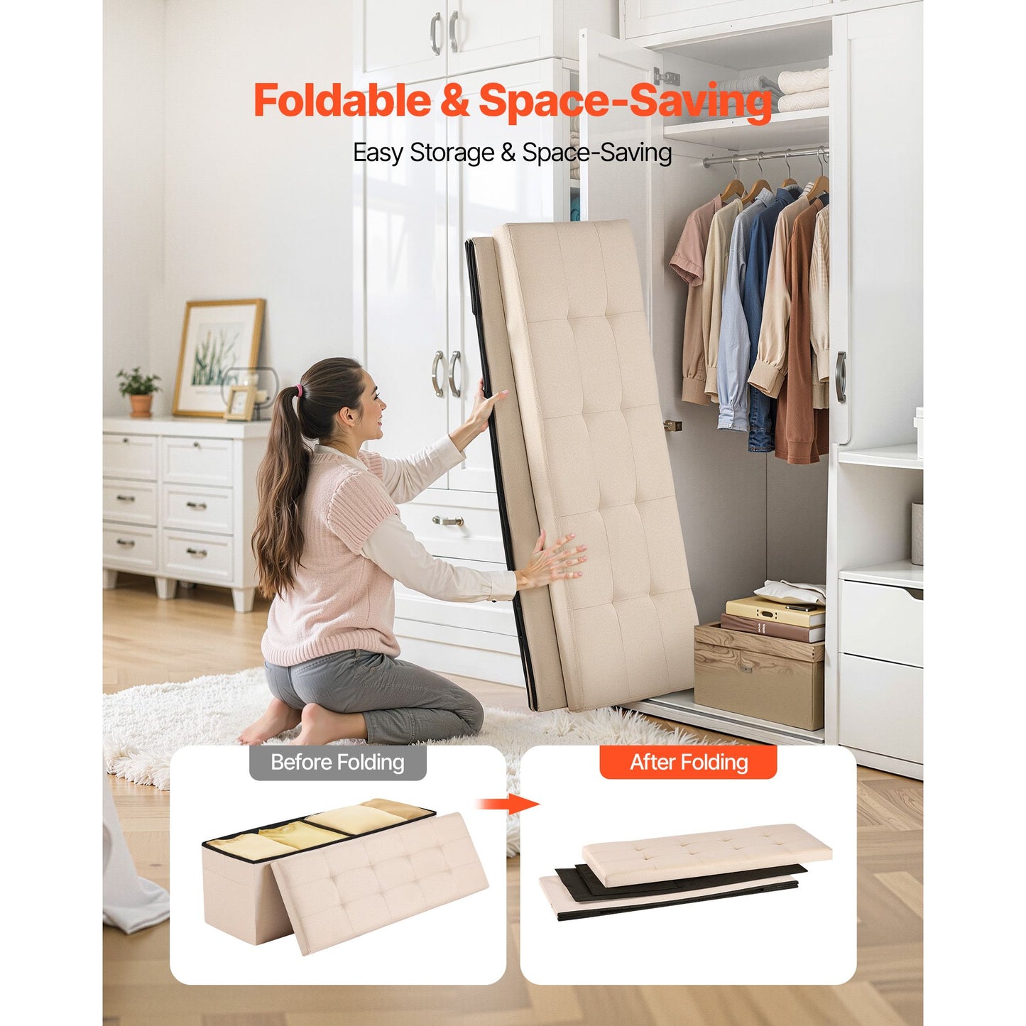 Foldable Storage Ottoman Bench – Large Capacity, Linen Beige with Side Pockets