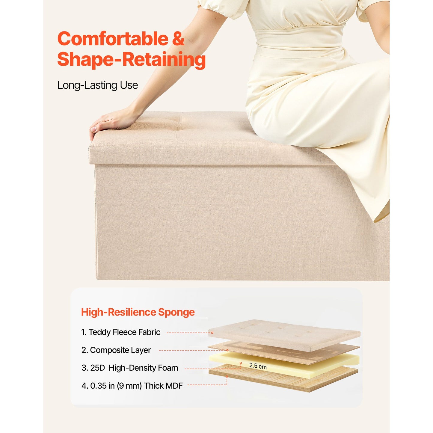 Foldable Storage Ottoman Bench – Large Capacity, Linen Beige with Side Pockets