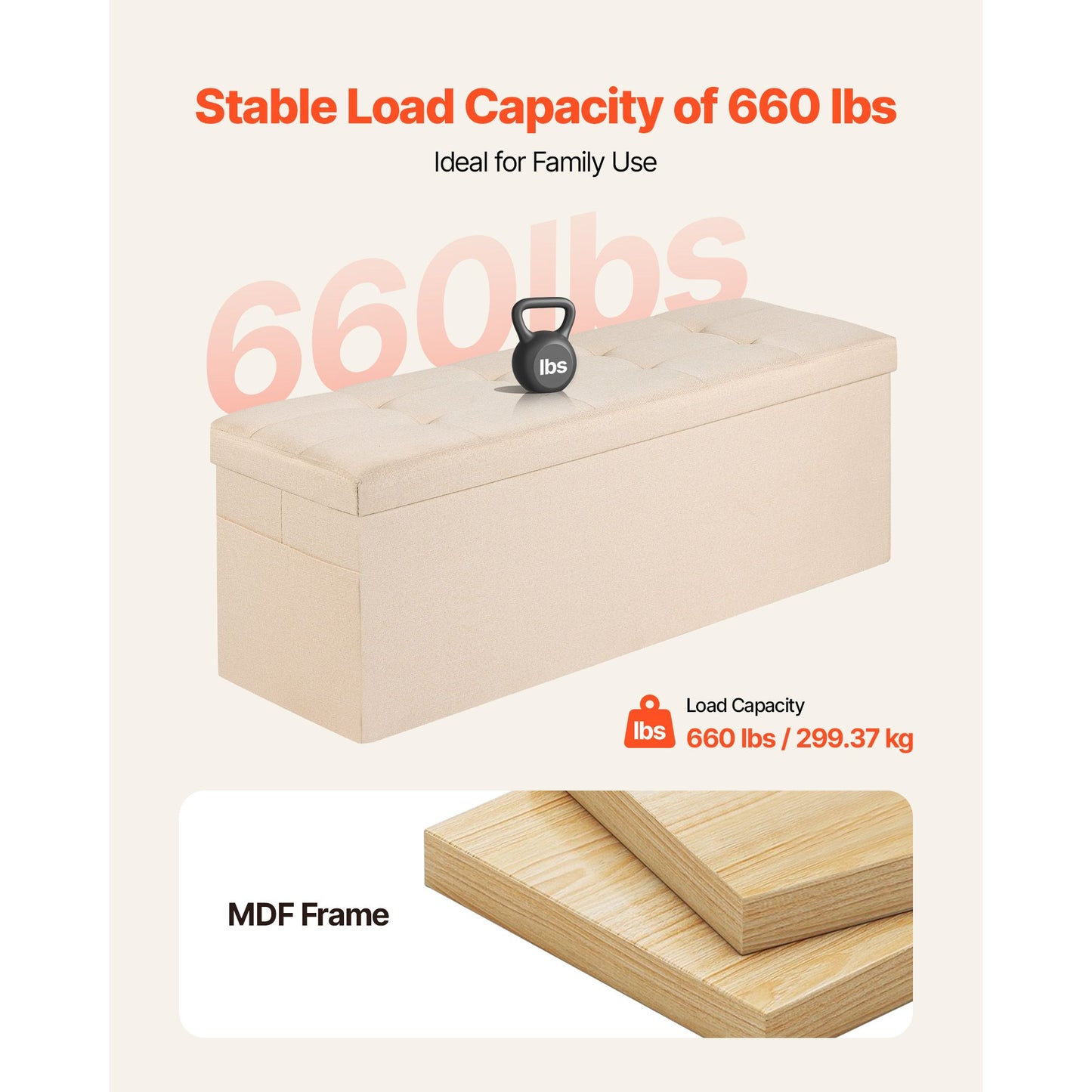 Foldable Storage Ottoman Bench – Large Capacity, Linen Beige with Side Pockets