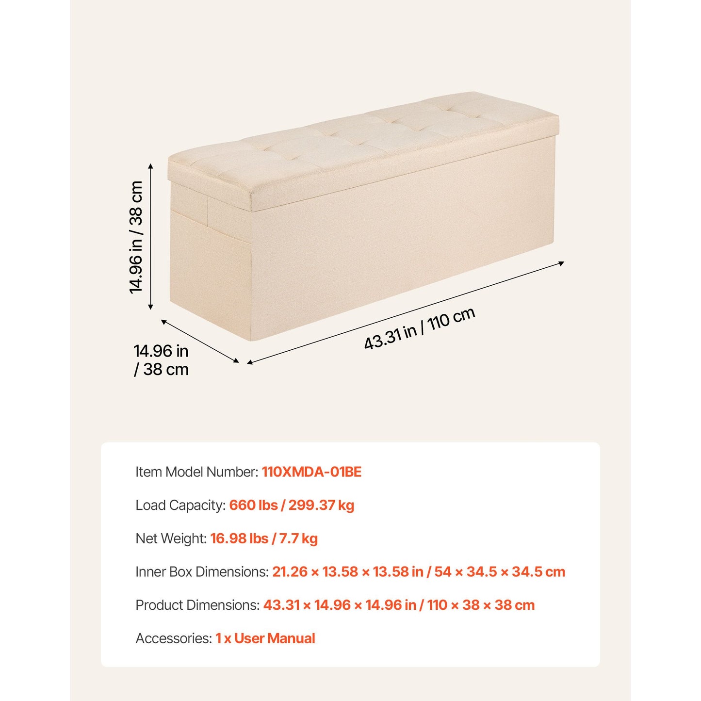 Foldable Storage Ottoman Bench – Large Capacity, Linen Beige with Side Pockets