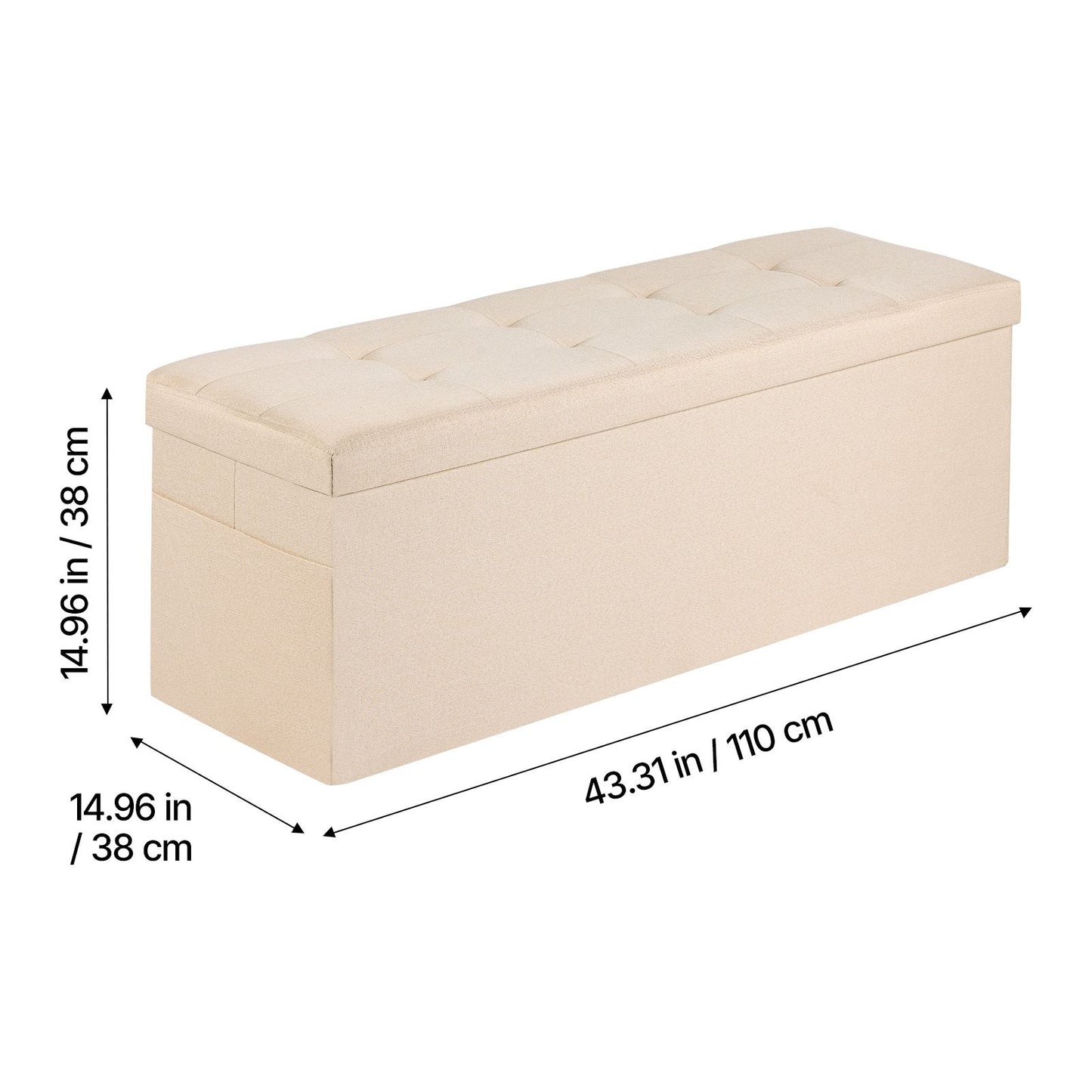 Foldable Storage Ottoman Bench – Large Capacity, Linen Beige with Side Pockets