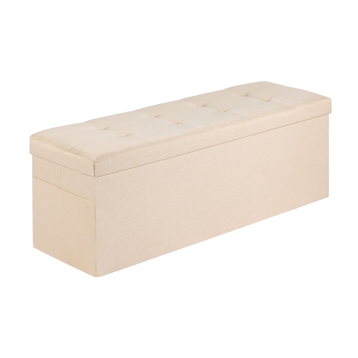 Foldable Storage Ottoman Bench – Large Capacity, Linen Beige with Side Pockets