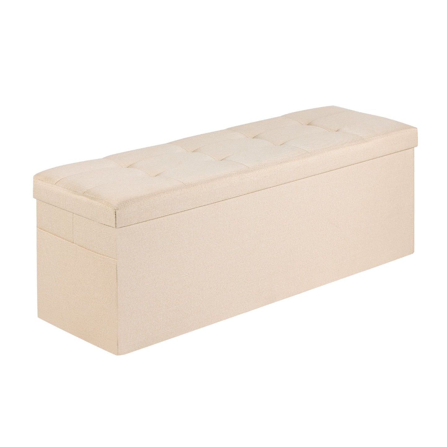 Foldable Storage Ottoman Bench – Large Capacity, Linen Beige with Side Pockets
