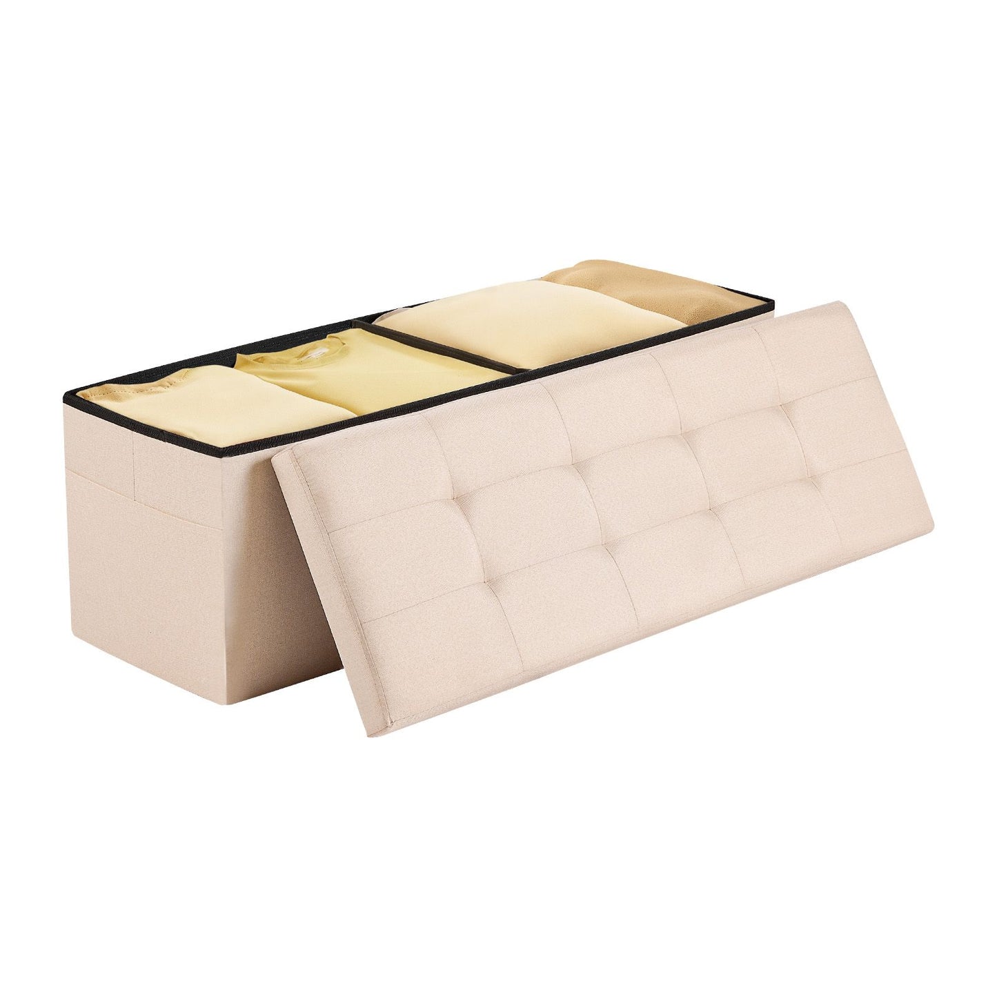 Foldable Storage Ottoman Bench – Large Capacity, Linen Beige with Side Pockets