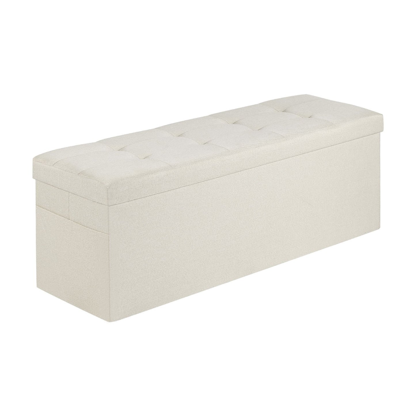 Foldable Storage Ottoman Bench – Large Capacity, Linen Beige with Side Pockets