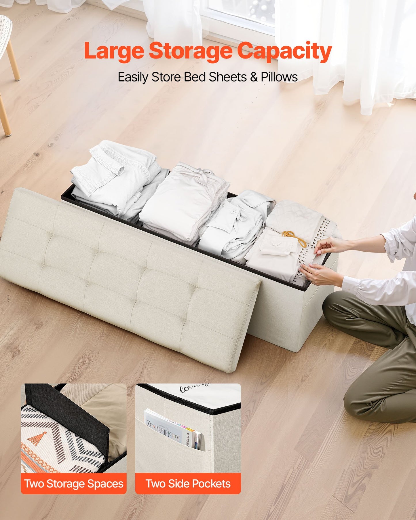 Foldable Storage Ottoman Bench – Large Capacity, Linen Beige with Side Pockets