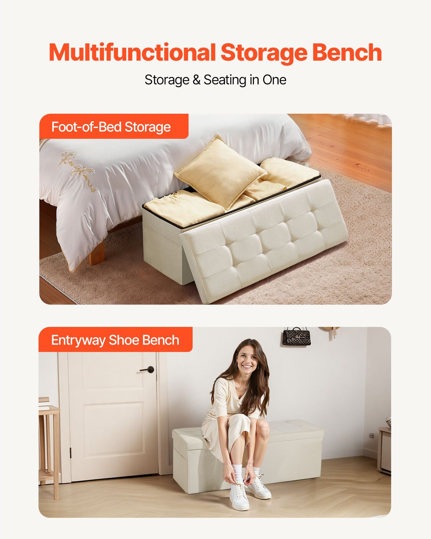 Foldable Storage Ottoman Bench – Large Capacity, Linen Beige with Side Pockets
