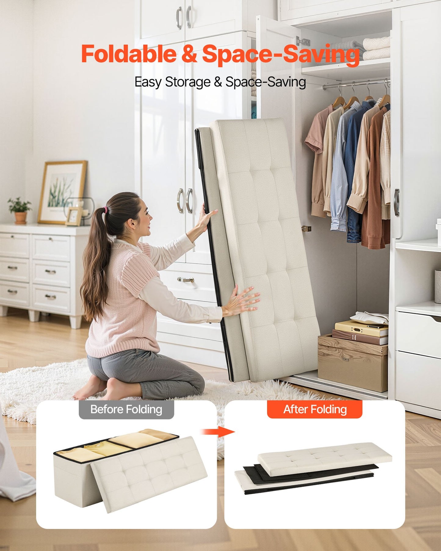 Foldable Storage Ottoman Bench – Large Capacity, Linen Beige with Side Pockets