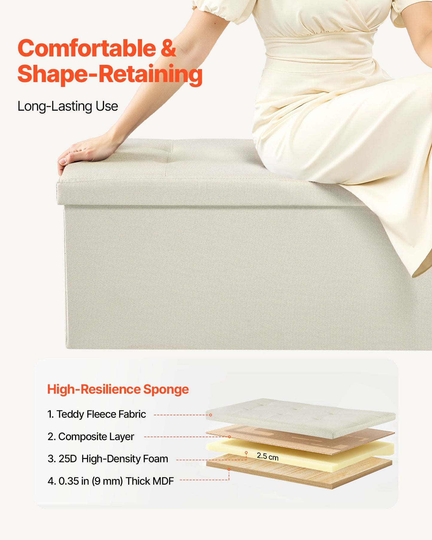 Foldable Storage Ottoman Bench – Large Capacity, Linen Beige with Side Pockets