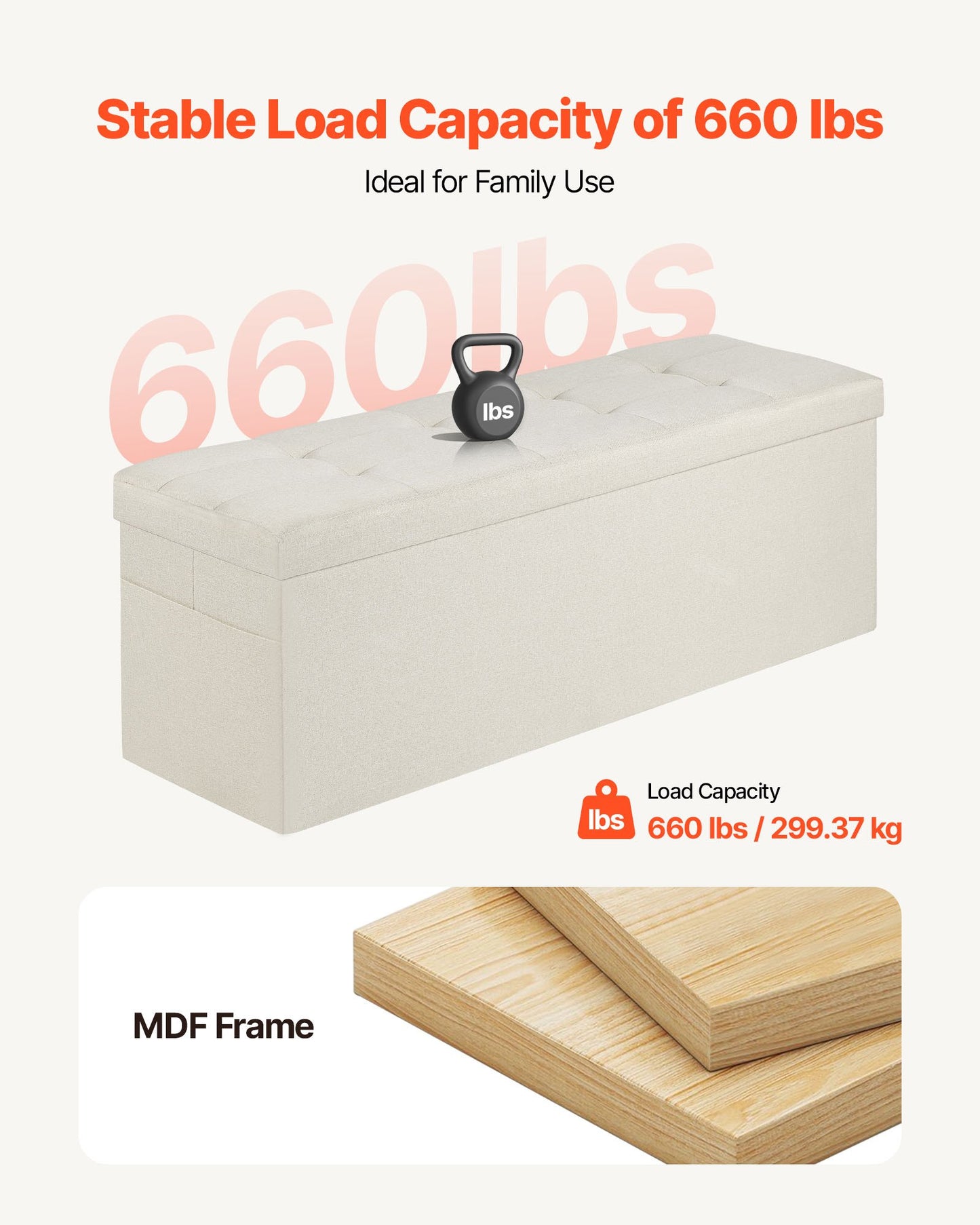 Foldable Storage Ottoman Bench – Large Capacity, Linen Beige with Side Pockets