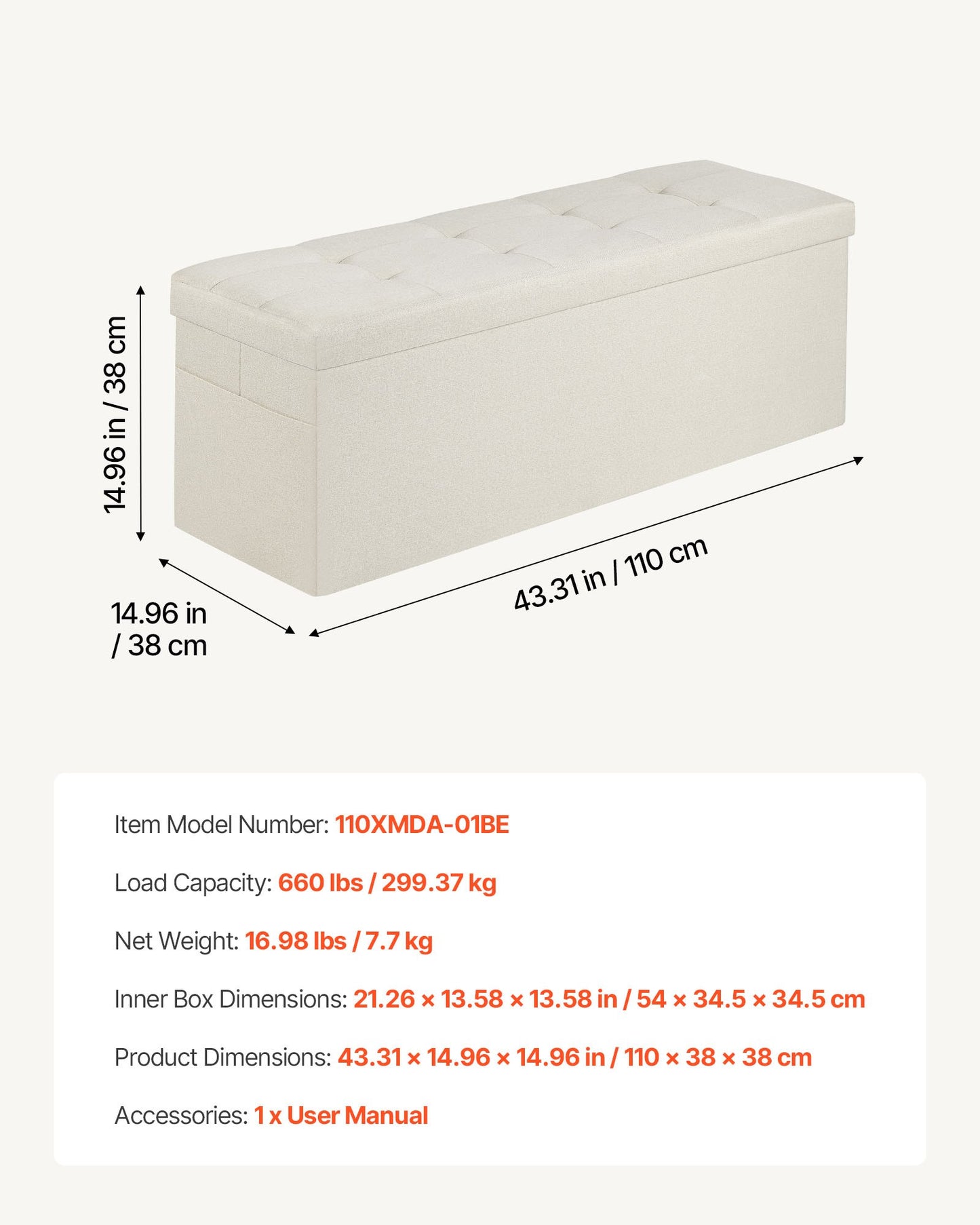 Foldable Storage Ottoman Bench – Large Capacity, Linen Beige with Side Pockets