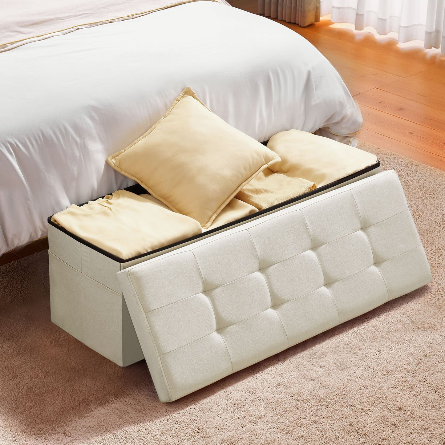 Foldable Storage Ottoman Bench – Large Capacity, Linen Beige with Side Pockets