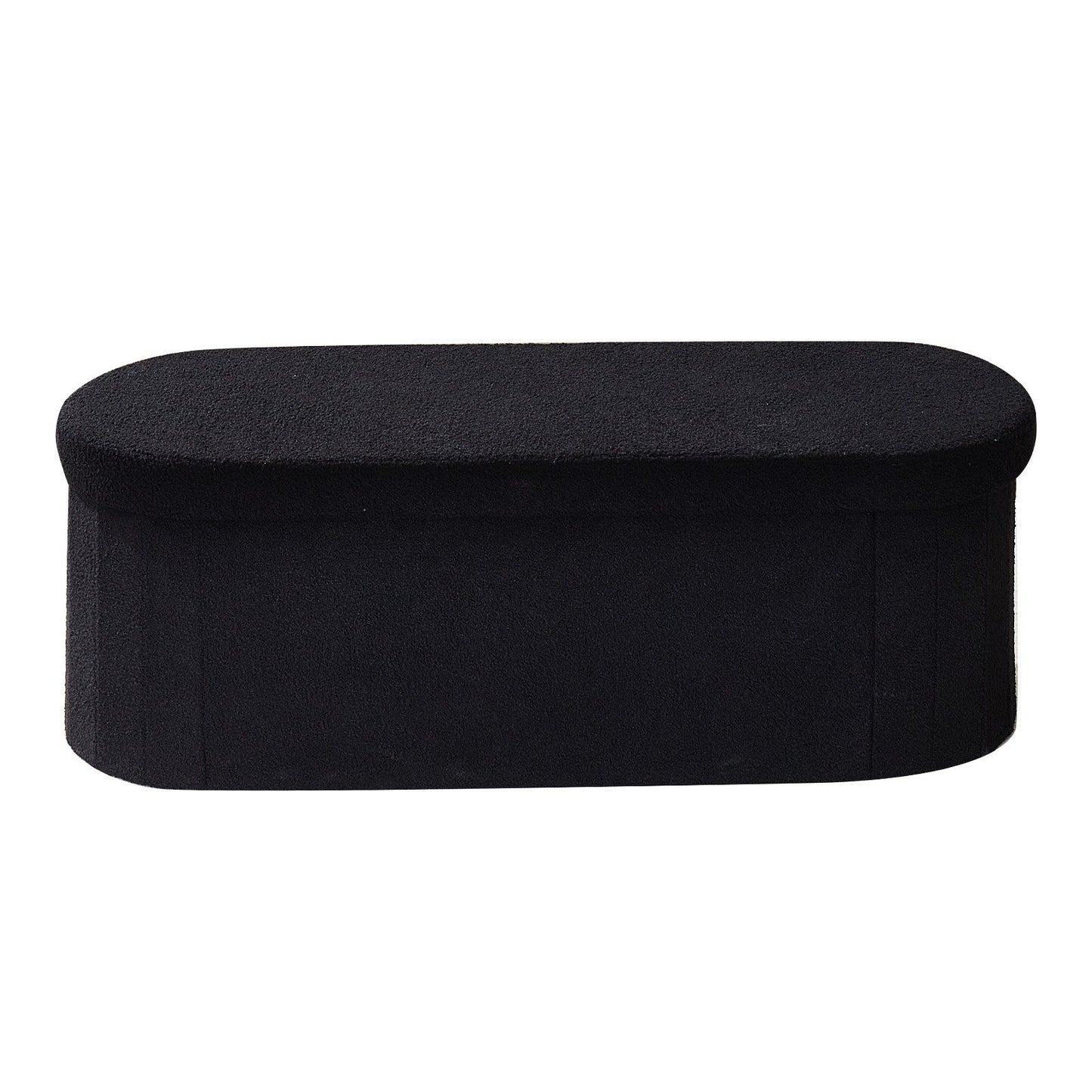 Oval Storage Ottoman Bench, Foldable Teddy Fleece End of Bed Bench, Folding Upholstered Bed Ottoman Chest with Large Storage Space, Supports 660 lbs, for Living Room, Bedroom, Entryway, Black