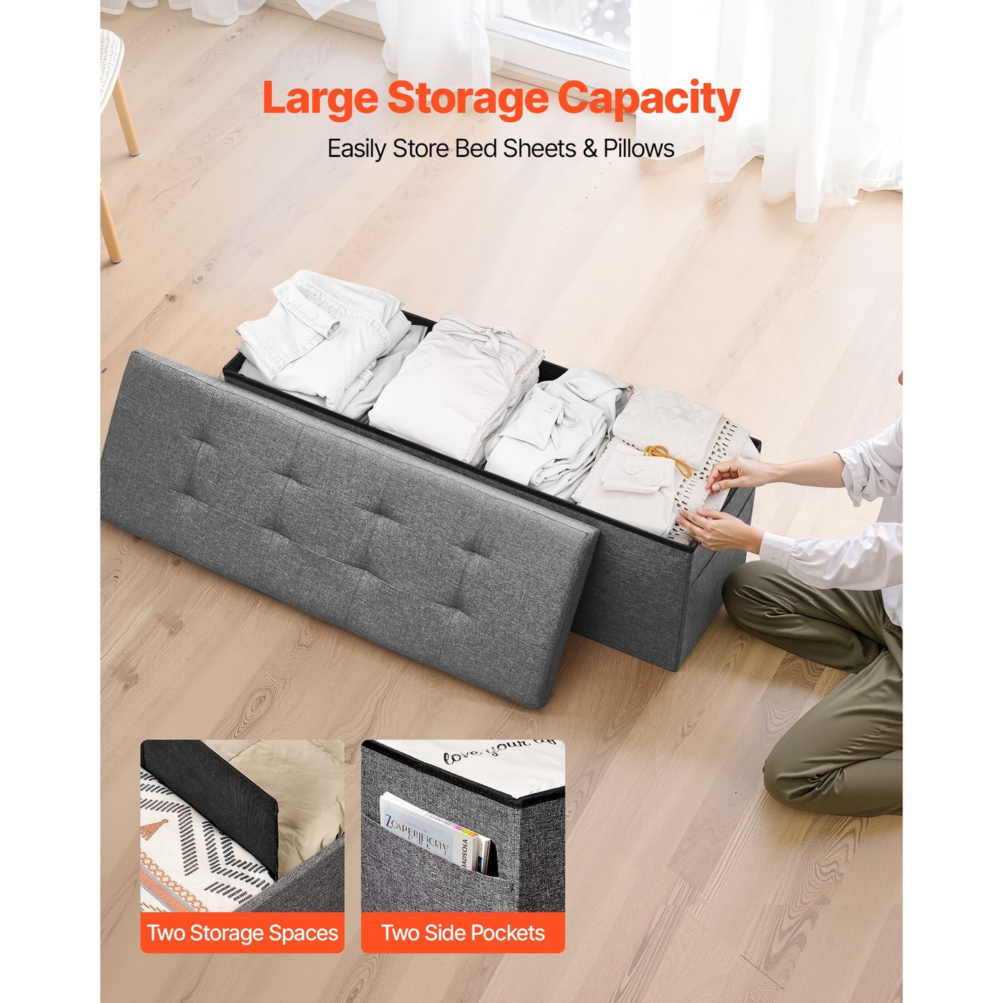 Foldable Storage Ottoman Bench – Large Capacity, Grey Linen Upholstered