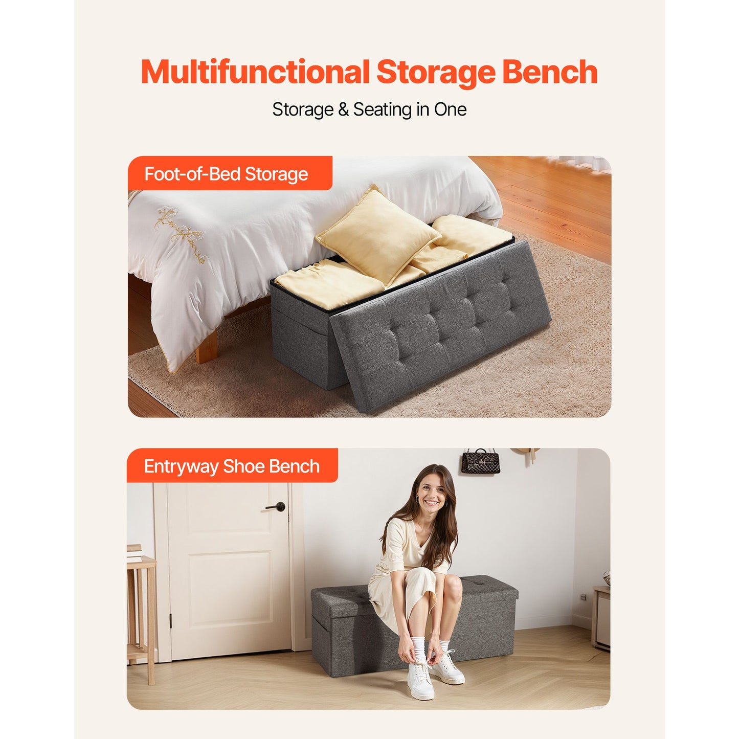 Foldable Storage Ottoman Bench – Large Capacity, Grey Linen Upholstered