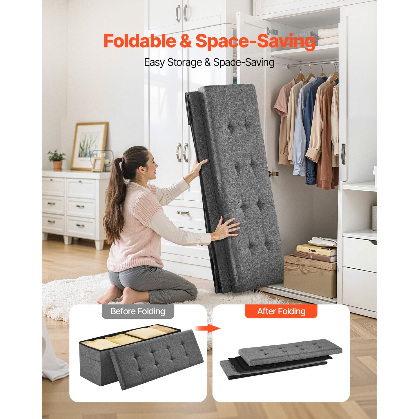 Foldable Storage Ottoman Bench – Large Capacity, Grey Linen Upholstered