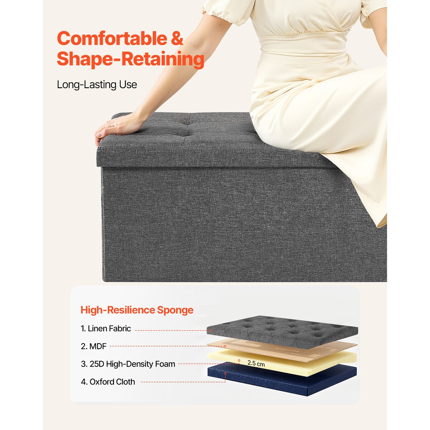 Foldable Storage Ottoman Bench – Large Capacity, Grey Linen Upholstered
